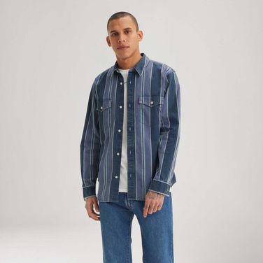 Camisa Levi's® Relaxed Fit Western Azul com Listras Manga Longa