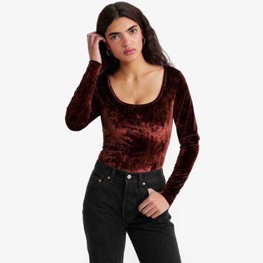 Blusa Levi's Bodega Open Neck Veludo Marrom Manga Longa